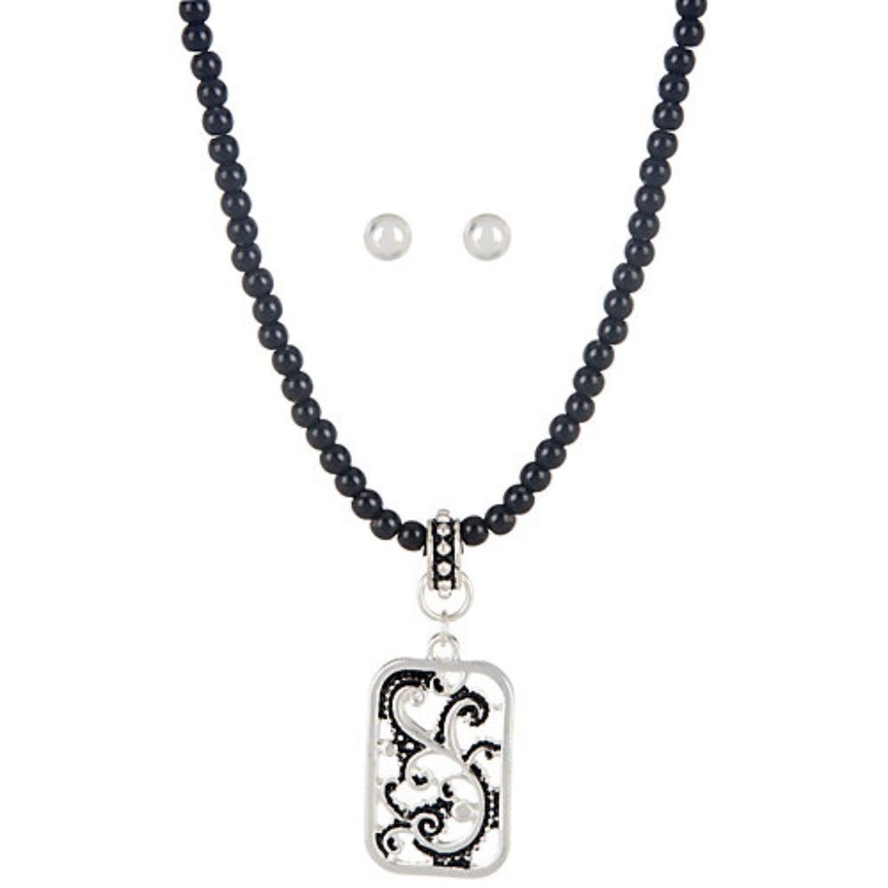 Bay Studio Black Beaded Filigree Pendant Necklace & Stud Earrings Set New